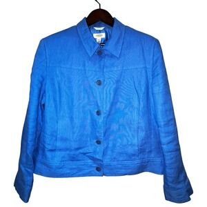 Talbots 100% Irish Linen Bright Blue Button Front Crop Jacket Sz 20 Mint EUC